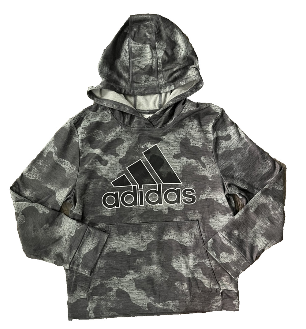 Juniors Boys Adidas Size Medium (10/12) Gray Camo Long Sleeve Hoodie Basics Logo